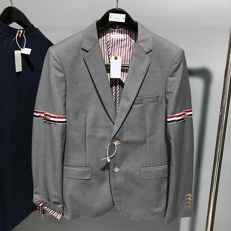 TB style classic double-sleeved red, white and blue striped gold button high waist short jacket casual suit small suit
